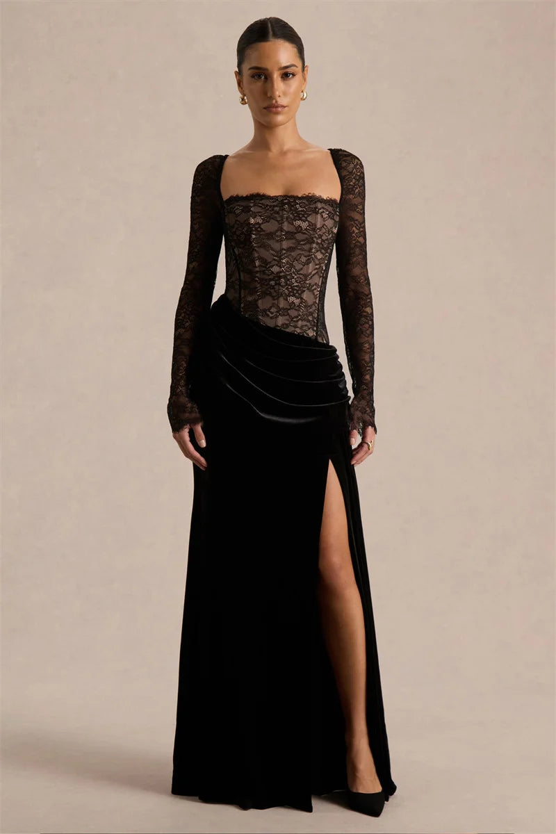 Lace Velvet Maxi Dress Square-Neck See-Through Backless — Black | KIMLUD