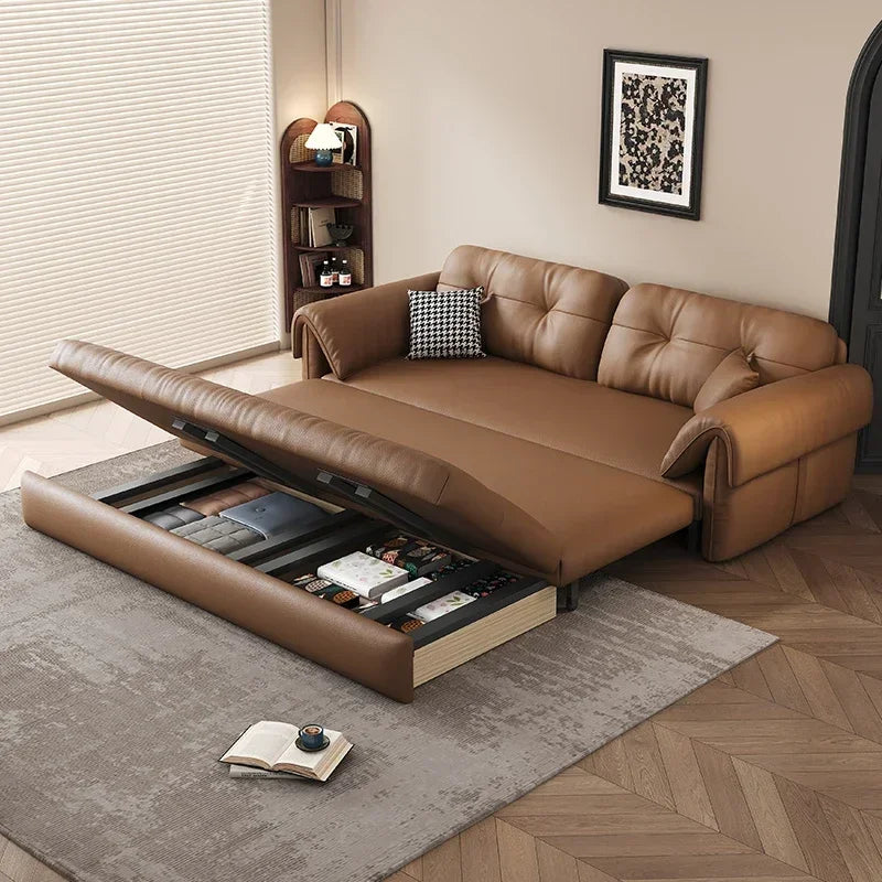 European Living Room Sofa Bed Brown Faux Leather Italian Modern Sleeper Double Couch Chaise Lounge Small Divano Letto Furniture