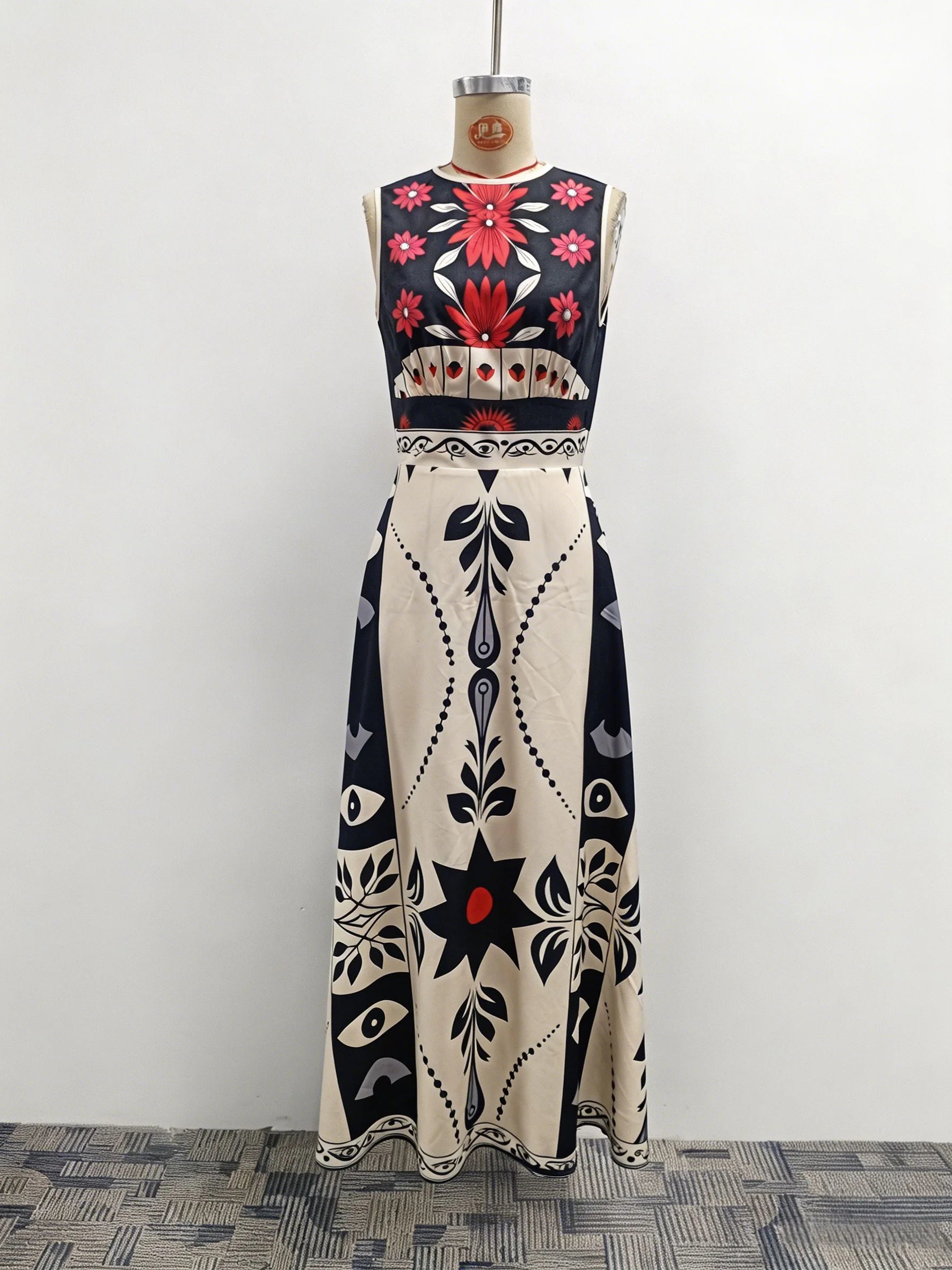 Maxi Dress – Floral Tribal Sleeveless A-Line – Polyester – Red | KIMLUD