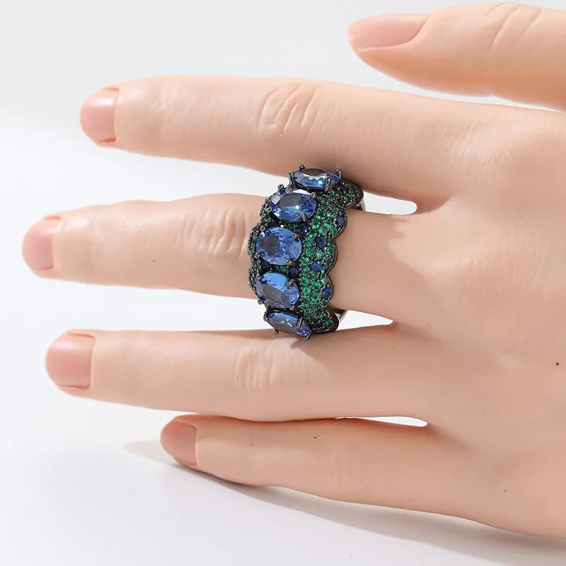 Luxury Inlaid Green Blue CZ Women's Ring Creativity Black Color Geometry Daily Wear Party Jewelry Anniversary Gift