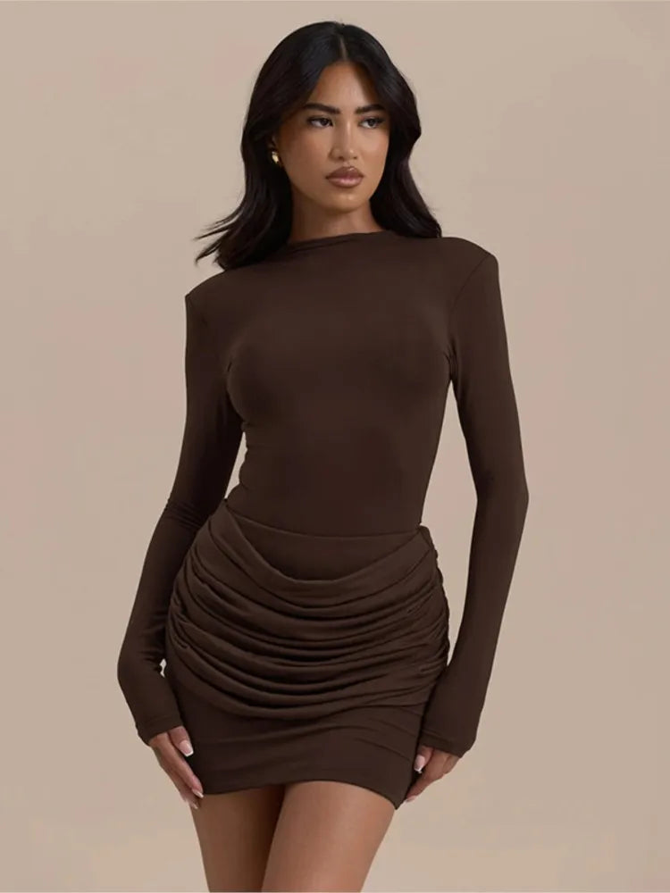 Polyester Pleated Stretch Long Sleeve Dress Gathered Hip Silhouette — Jet Black | KIMLUD