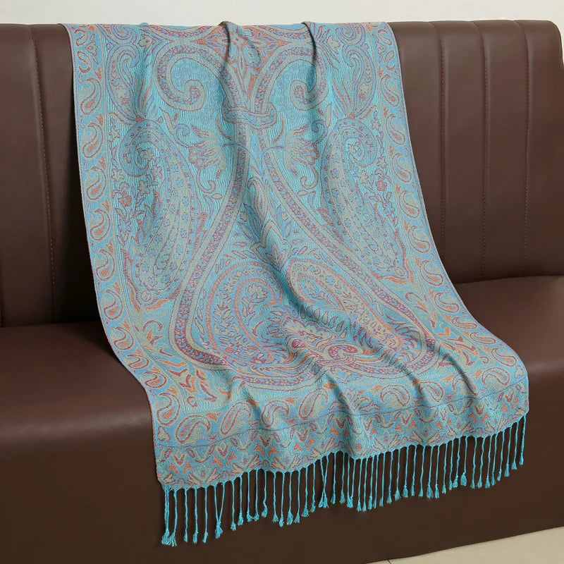 Cashmere Pashmina Shawl With Autumn Print Design, Olive Accents And Gold-Toned Fringe — Red | KIMLUD