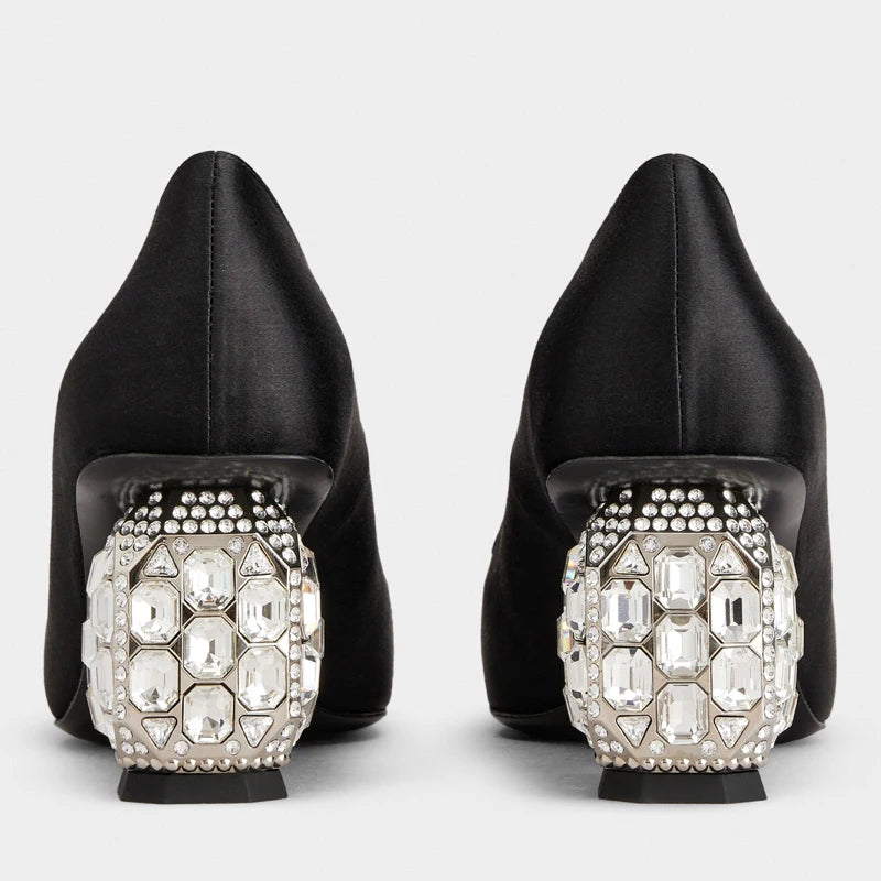 Satin Rhinestone High Heels Square Toe — Champagne | KIMLUD
