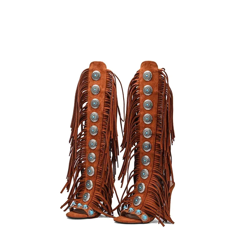 Lace-Up Peep-Toe Knee-High Sandals Microfiber Upper — Black | KIMLUD