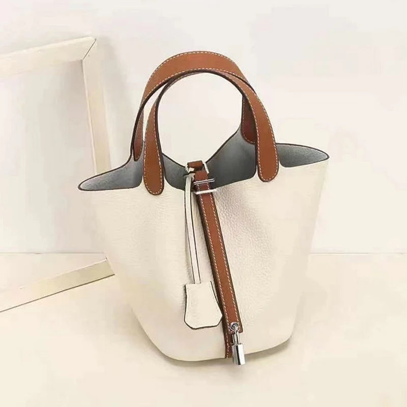 KIMLUD, Various Genuine Leather Luxury Bag Fashion Women's Handbag Vegetable Basket Style Portable Women Bucket Bag with Lock, KIMLUD Womens Clothes