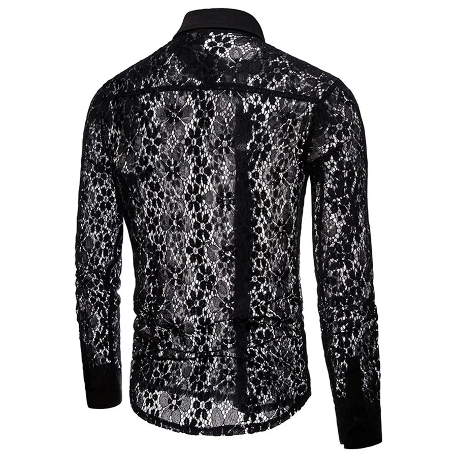 Lace Embroidered Sheer Long Sleeve Shirt With Floral Details — Black | KIMLUD