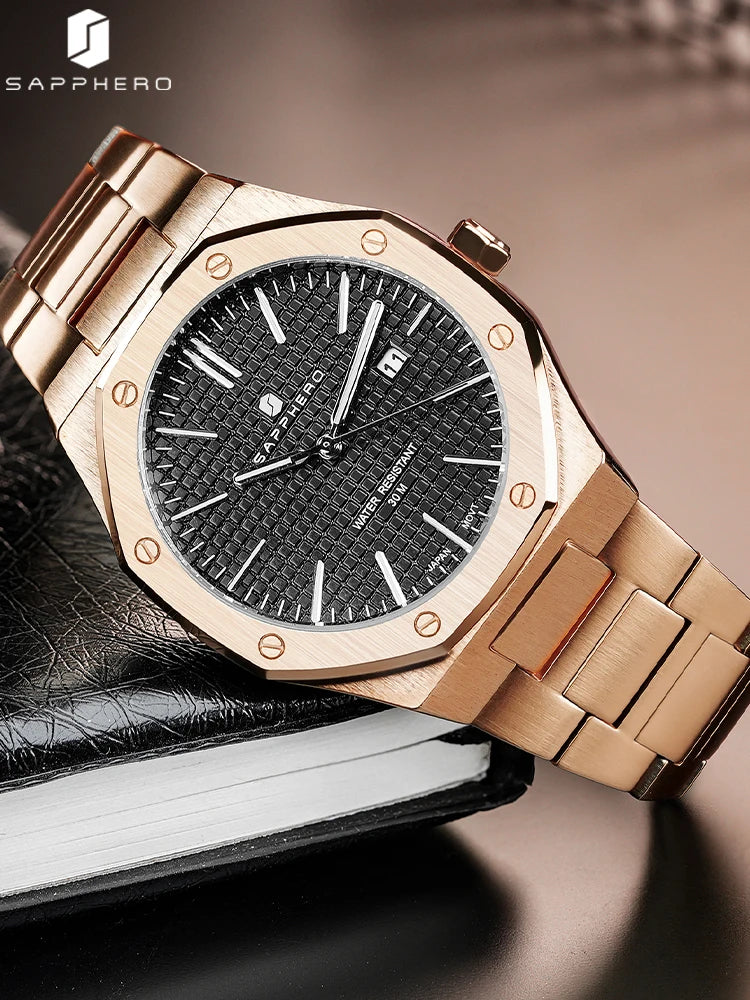 SAPPHERO Rose gold Men watches 30M waterproof stainless steels watches Quartz Watch  Men Business Fashion watches for men watche