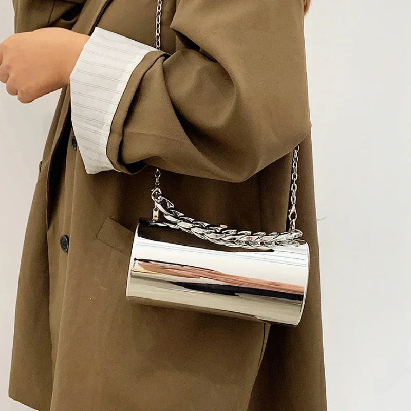 Metallic Cylinder Mini Box Clutch Purse — Gold | KIMLUD