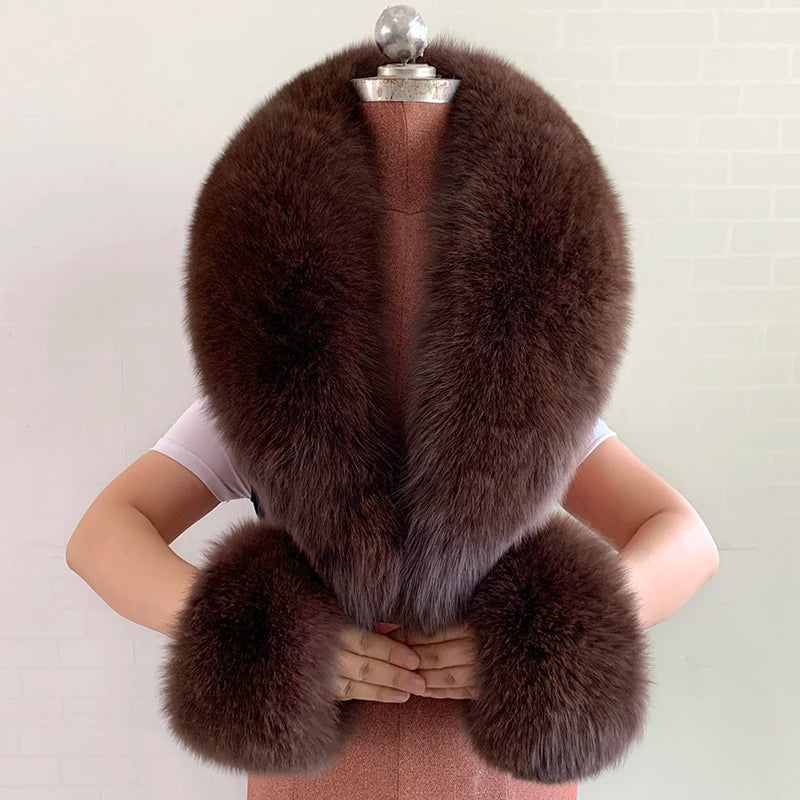 Fox Fur Solid Scarf And Cuff Set For Winter — Green | KIMLUD