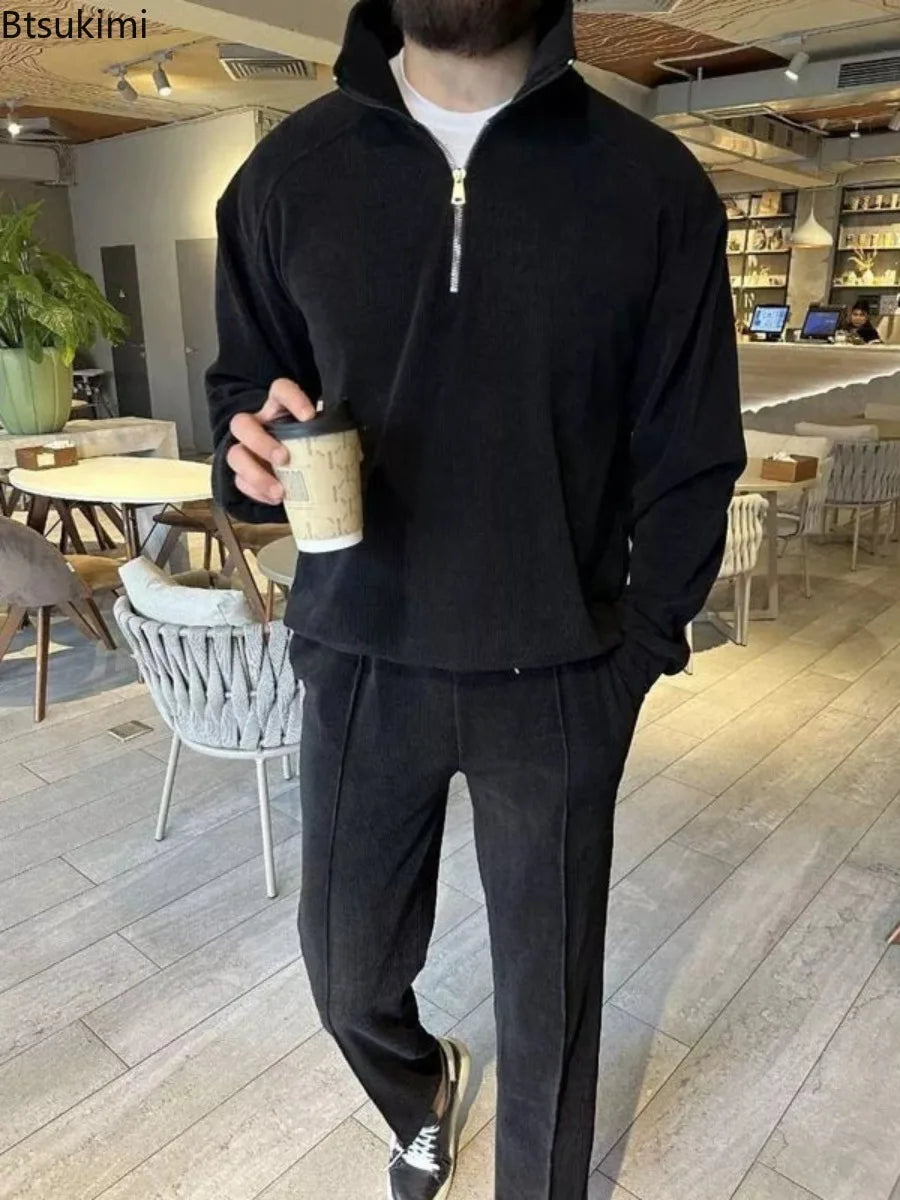 KIMLUD, New Men's Corduroy Two Piece Sets Fashion Casual Long Sleeve Sweatshirts and Pants Trend Streetwear Spring Autumn Men Tracksuits, KIMLUD Womens Clothes