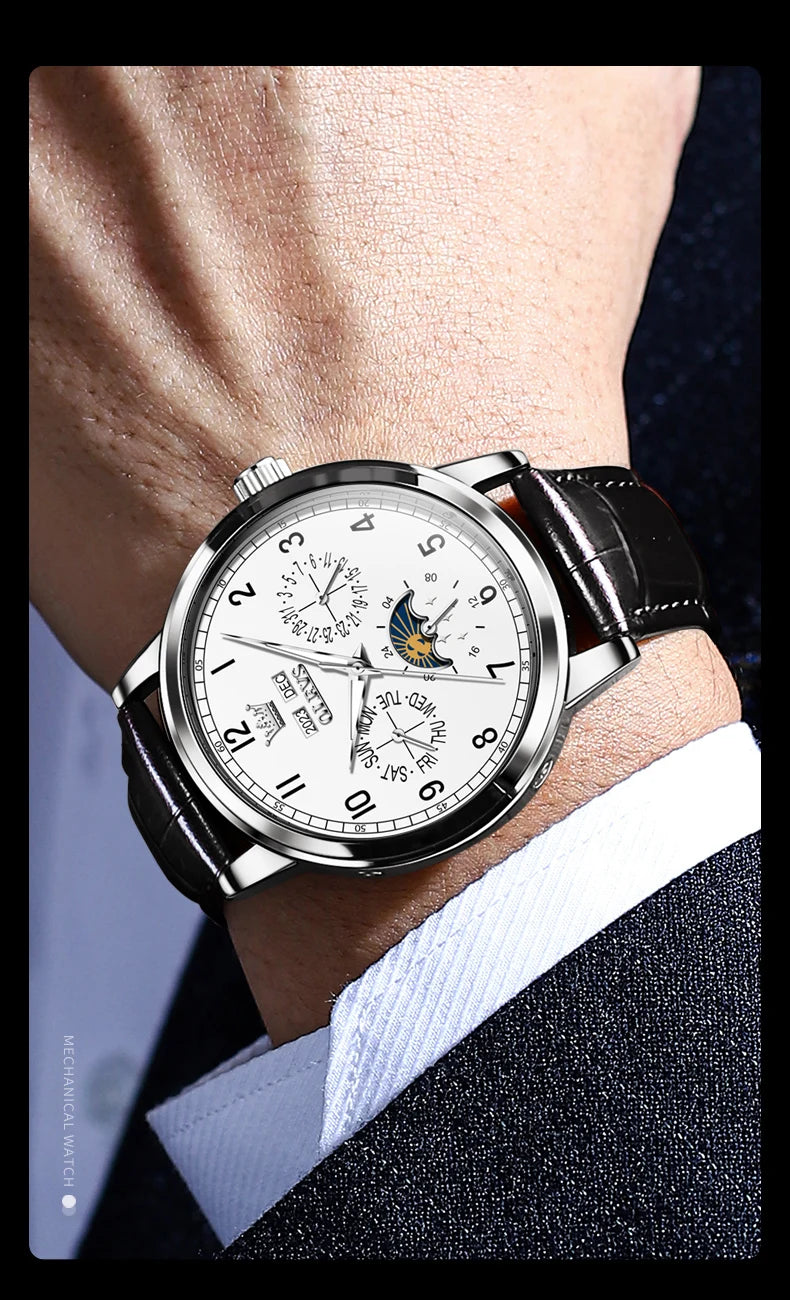 Leather Dress Watch Moon Phase Automatic — Black | KIMLUD