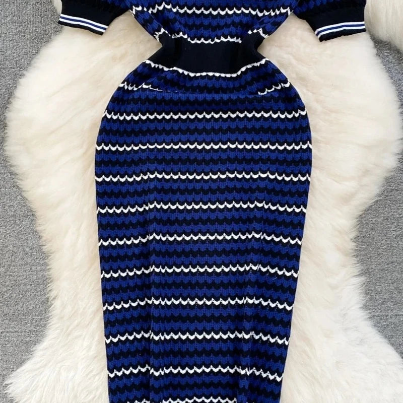 Knit Ribbed Striped Bodycon Midi Dress — Blue | KIMLUD