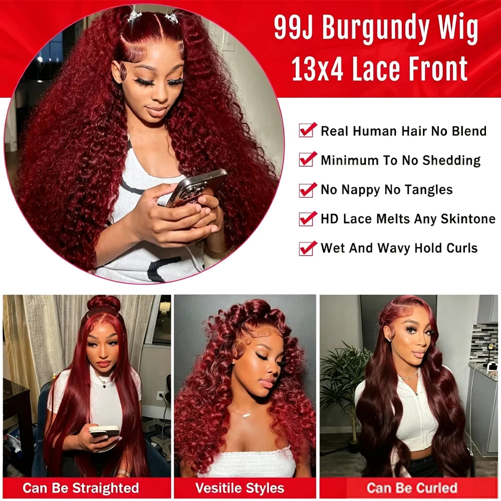 Deep Wave Human Hair Wig HD Lace Frontal 13x4 Burgundy 99J | KIMLUD