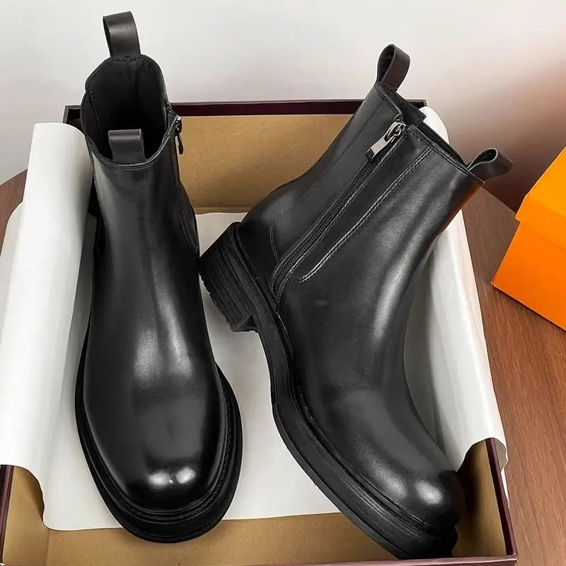 Leather Chelsea Boots Mid-Calf Round Toe — Black | KIMLUD