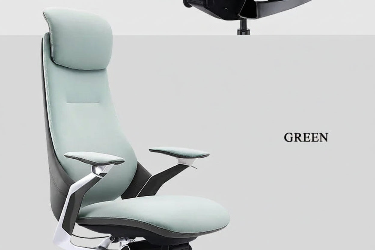 A high-back office chair with pale mint green upholstery and black armrests, shown against a light gray background with the text 'GREEN' and Chinese characters. A partial view of another chair is visible at the top right.