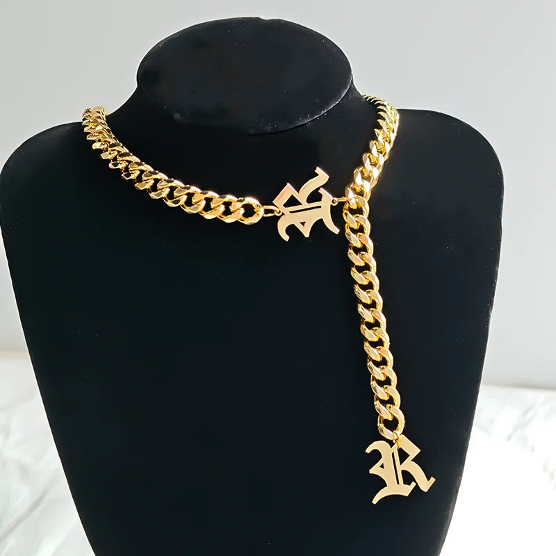 Choker Necklace – Initial Letter Drop – Gold Plated – Gold | KIMLUD