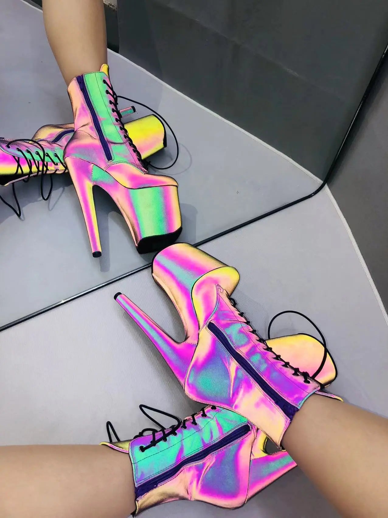 Exotic Leather Stripper Heels Boots With 20cm Platform And 8-Inch Stiletto — Black | KIMLUD
