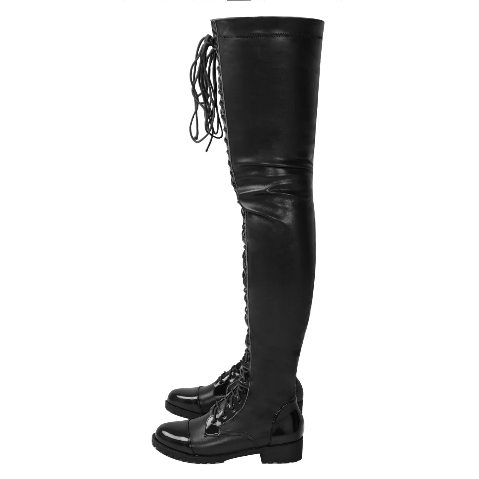 Low Heel Winter Boots Women 3.5CM Chunk Heels Nightclub Queen Lace-up Zipper Shoes Black Thigh High Boots Large Size 43 44 45