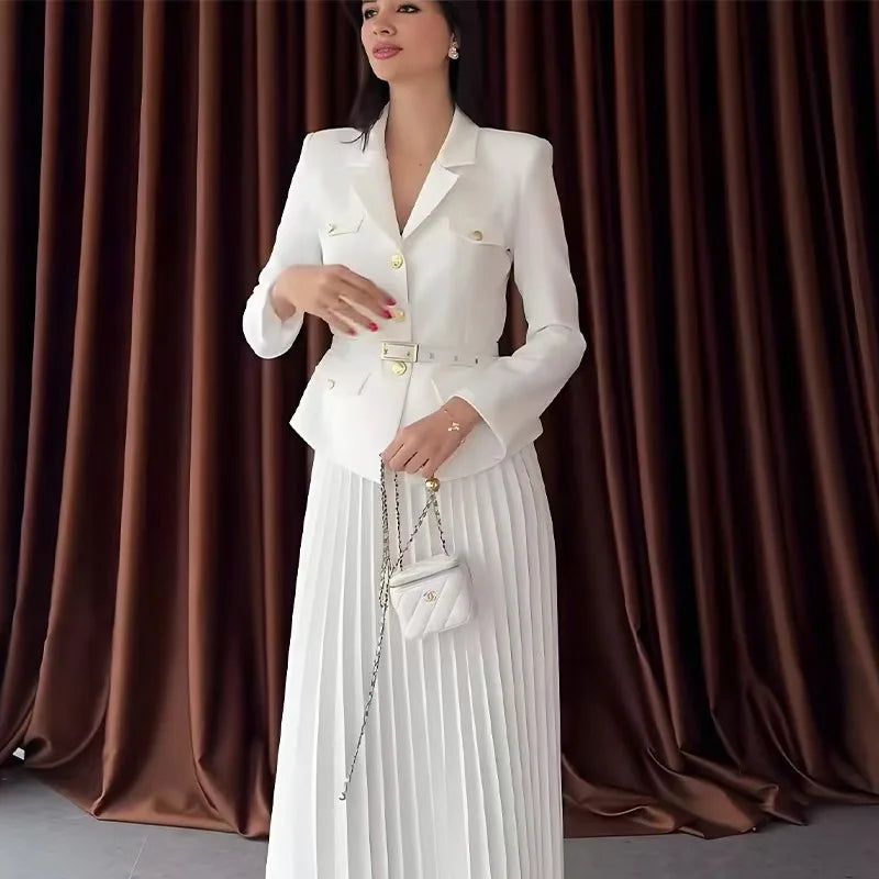 Elegant Women Two Pieces Set Single-breasted Lapel Jacket Coat Belt Pleated Midi Skirt Suit 2025 office Lady New In Matching Set