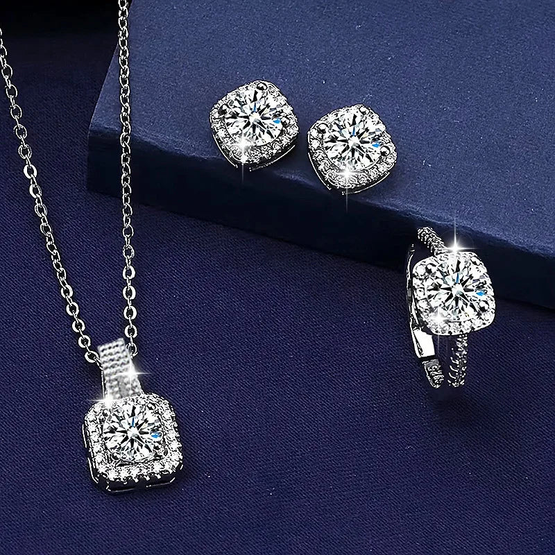 Silver-Tone Jewelry Set — Diamond Halo Necklace Earrings Ring — Silver | KIMLUD