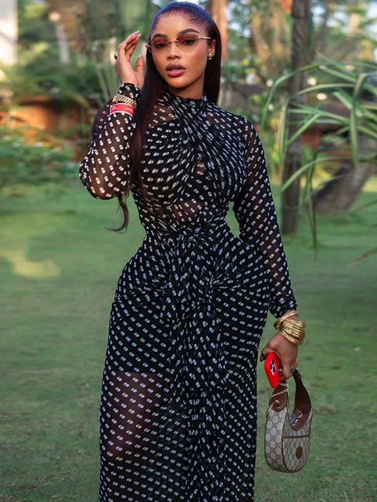 Maxi Dress – Mid-Turtleneck – Polyester – Black White | KIMLUD