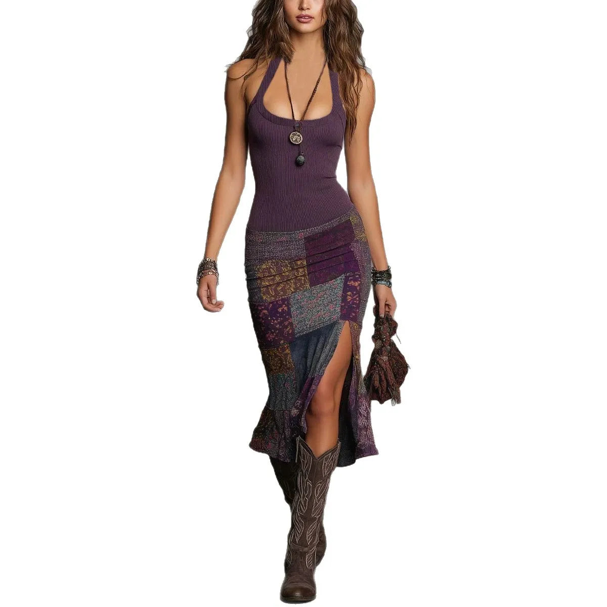 Halter Neck Patchwork Midi Dress — Sleeveless Sheath, Ruffle Hem | KIMLUD