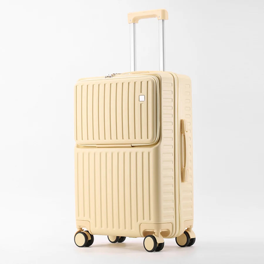 Independent Front Open Luggage Multi-functional Suitcase ABS+PC Cup Holder And Hidden Phone Stand Smooth Universal Wheel 20" 24"