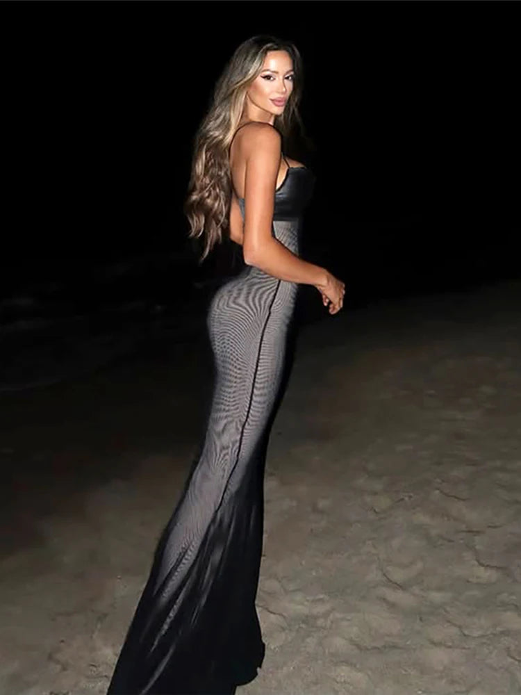 Polyester Patchwork Maxi Dress Backless Spaghetti Strap — Multi | KIMLUD