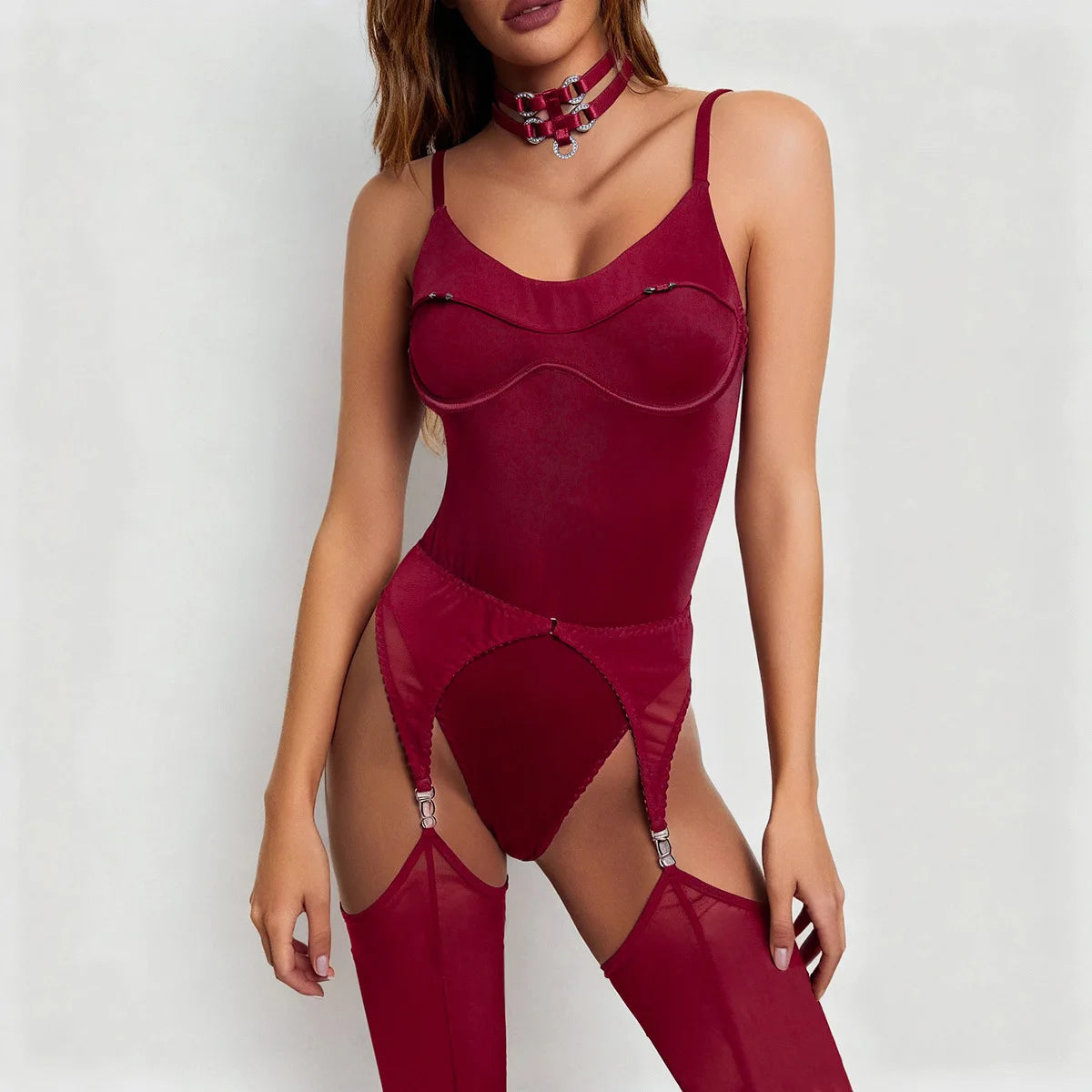 Polyester Elastane Lingerie Bodysuit Open Crotch — Black | KIMLUD