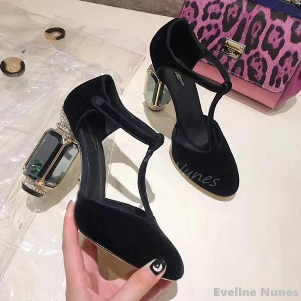 Sculpted Velvet T-Strap Crystal Heels — Emerald | KIMLUD