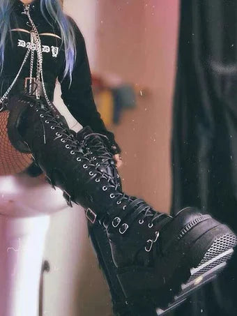 Over-the-Knee Boots – Gothic Wedge Platform – PU | KIMLUD