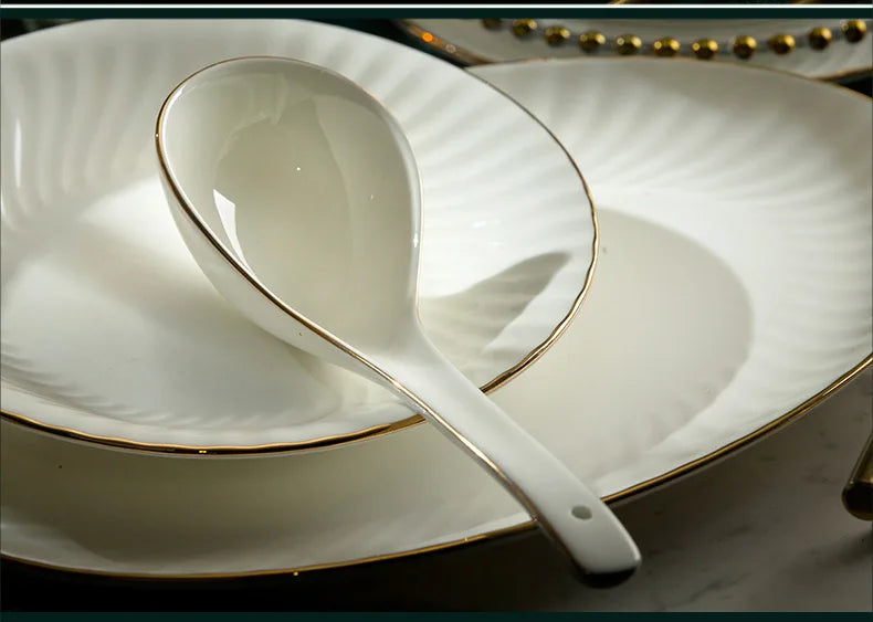 Bone China Dinnerware Set With Gold Accents — White | KIMLUD