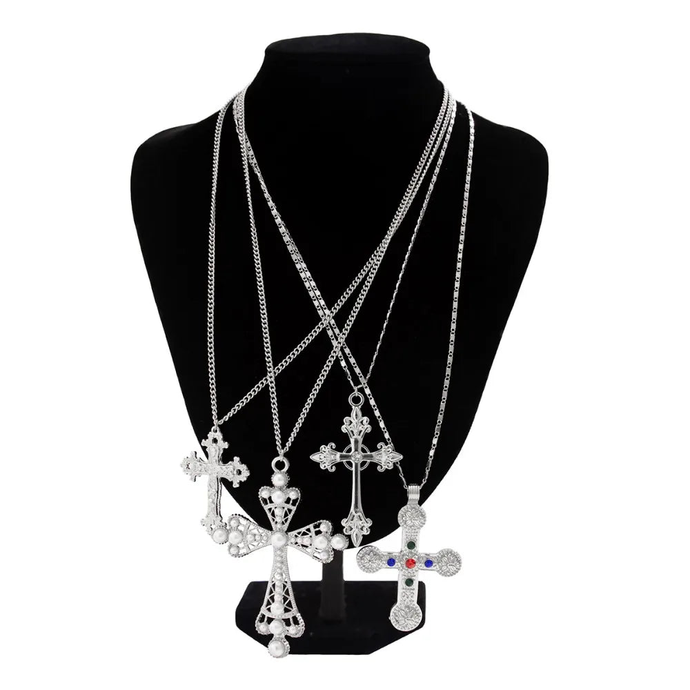 Geometric Ethnic Style Men Necklace Silver Pearl Cross Pendant Necklace Jewelry Accessories Golden Rhinestone Necklace Women