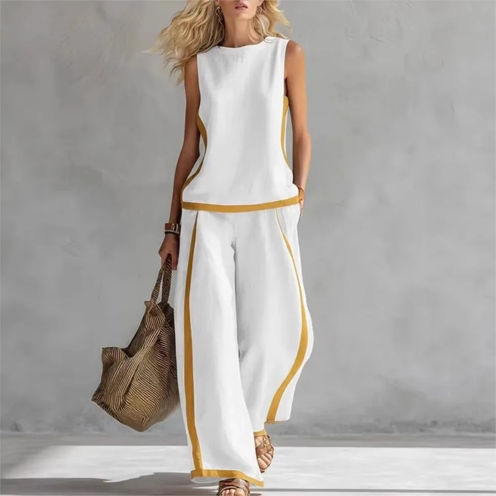 2026 Fashion Splicing Striped Sleeveless Women's Tops 2 Piece Set Summer New Casual Loose Wide-leg Trousers Pocket  Female Suit