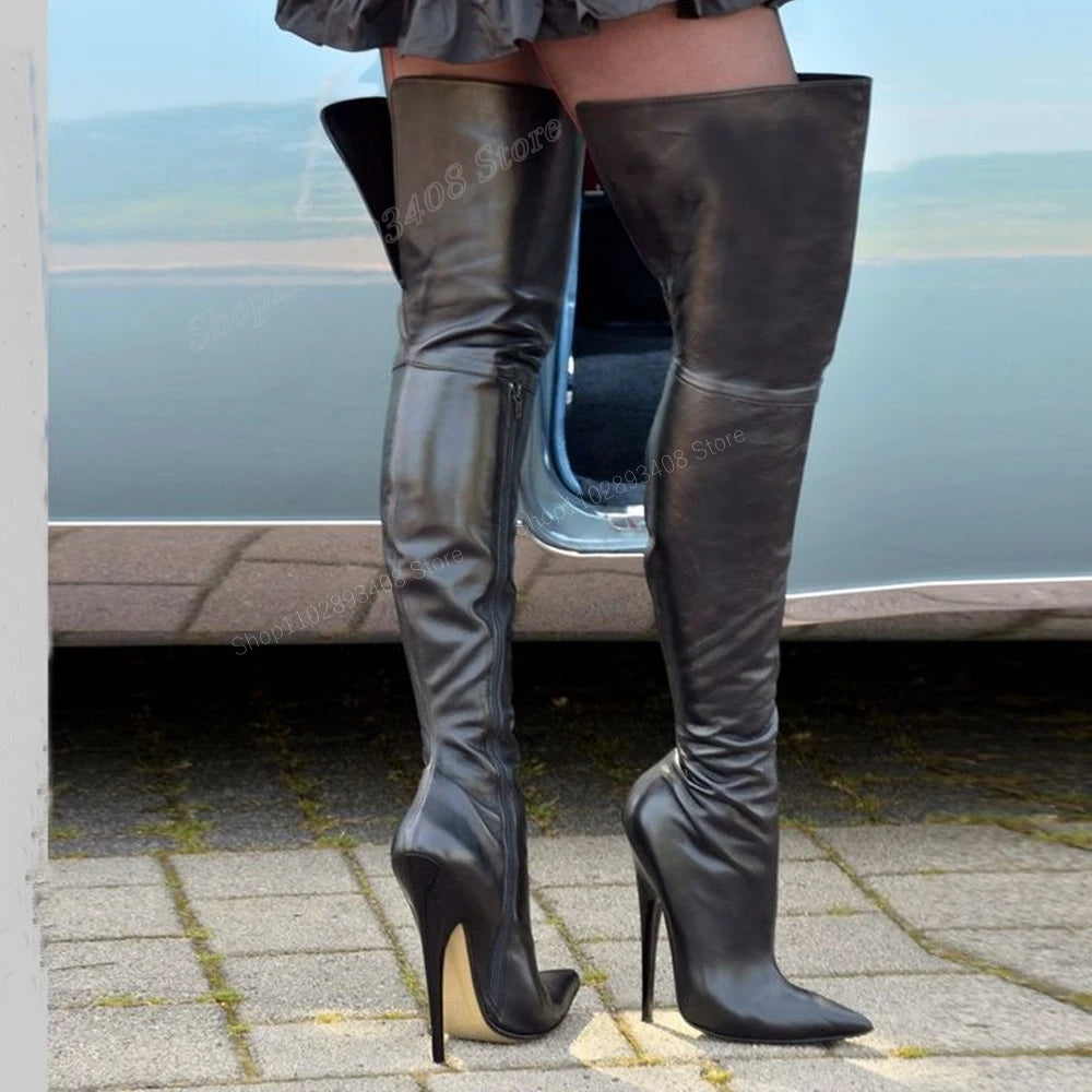 Black Matte Leather Over the Knee Boots Pointed Toe Stiletto High Heel Side Zipper Women Shoes 2024 Sexy Zapatos Para Mujere