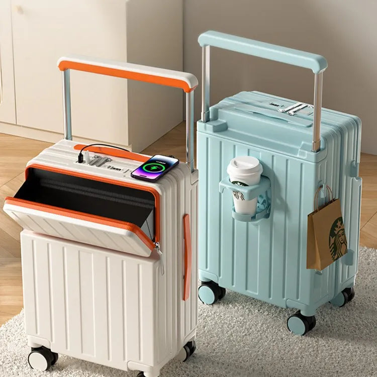Wide tie rod suitcase Men's and women's multi-functional front opening boarding case New water cup holder Password travel case
