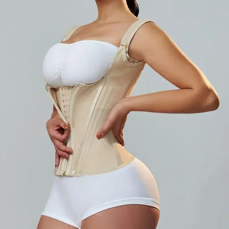 Colombian Fajas Double-Compression Body Shaper Vest Corset With Zipper And Hook-Eyes — Black | KIMLUD