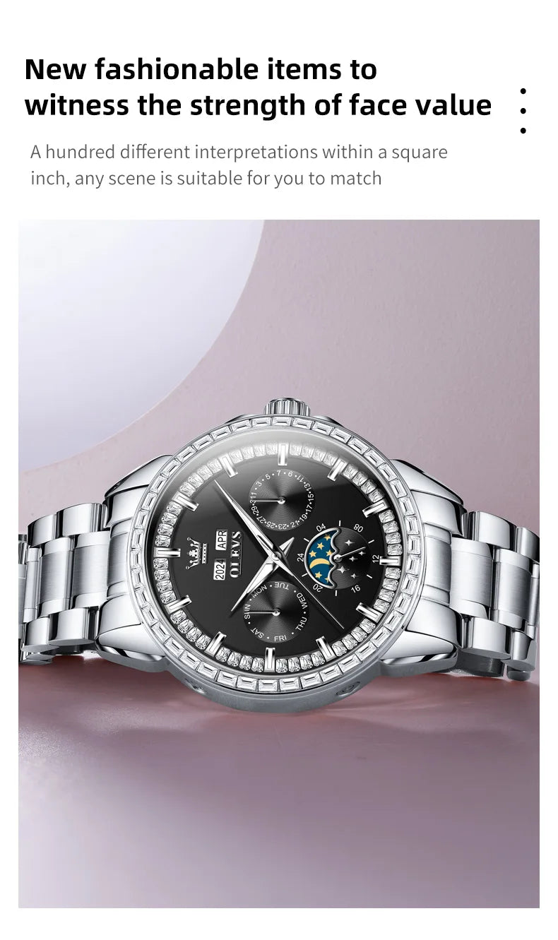 Rose-Gold Moon Phase Diamond Bezel Watch — Black | KIMLUD