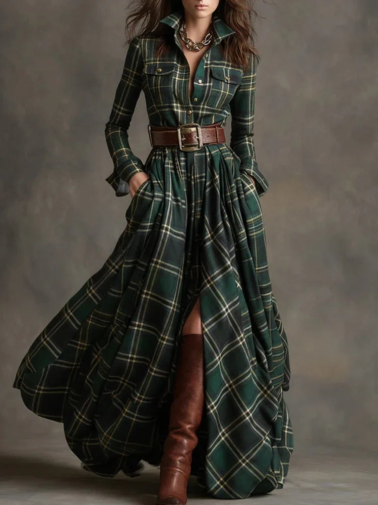 Polyester A-Line Dress Plaid Belted Retro Long Sleeve Turn-Down Collar — Black | KIMLUD