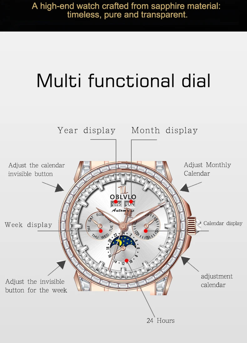 Moonphase Automatic Leather Strap Watch Complete Calendar — Red | KIMLUD