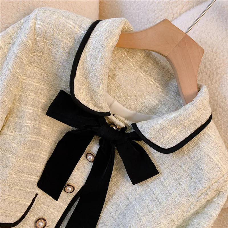 Vintage Women Tweed White Suit Jacket Coat Top And Skirt Elegant Two Piece Set Outfit 2023 Winter Jacquard Fashion Cloth