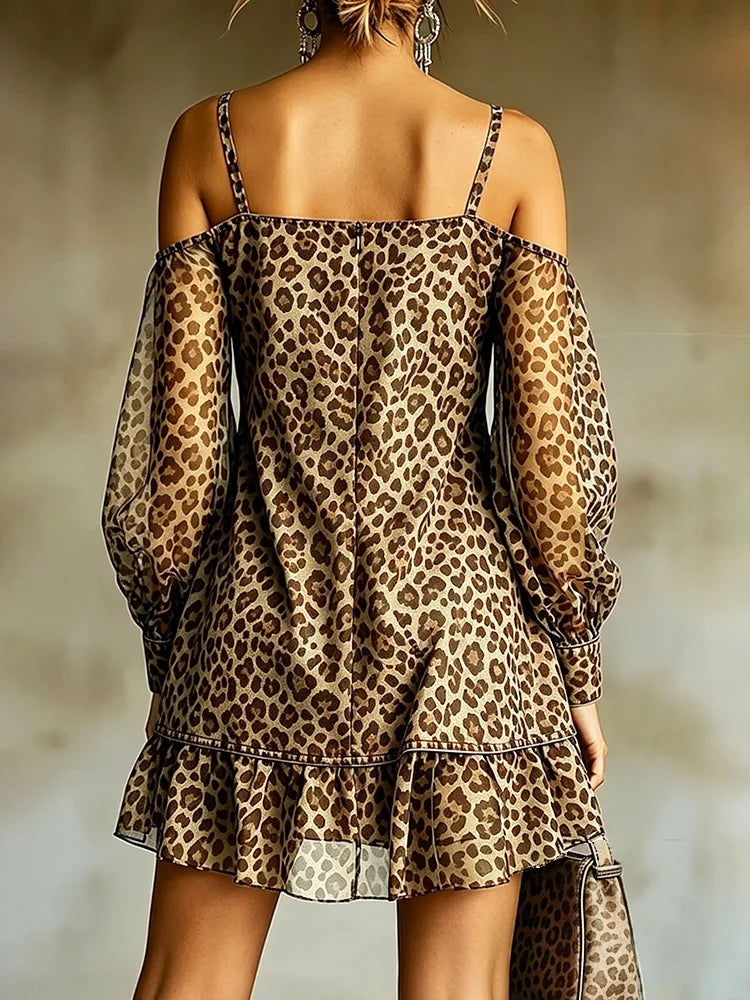 Polyester Off-Shoulder Leopard Print Mini Dress — Beige | KIMLUD