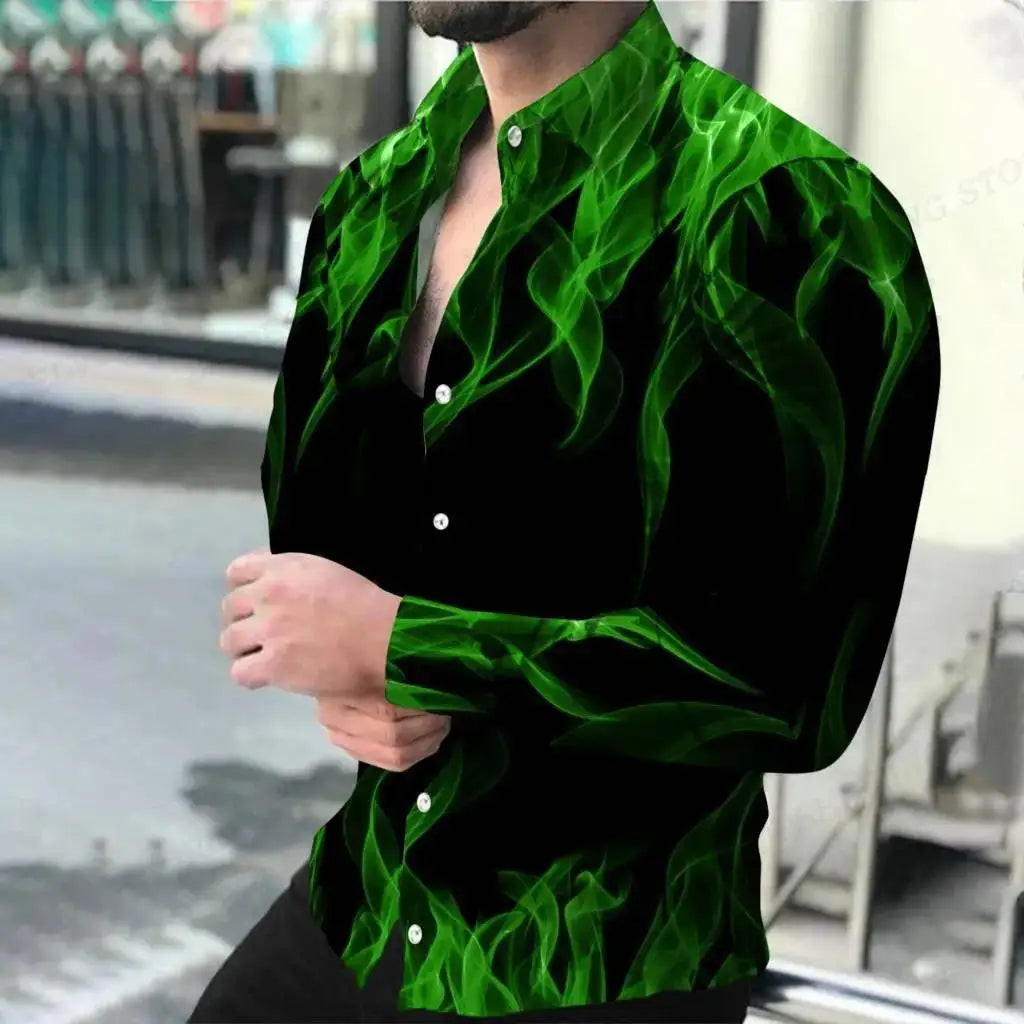 Polyester Flame Print Shirt Long-Sleeve Turn-Down Collar Button-Front — Black | KIMLUD