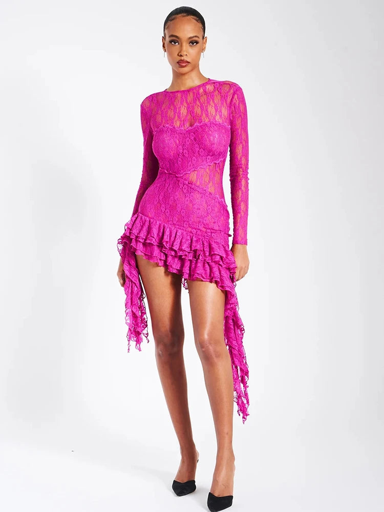 Lace Sheath Dress With Ruffle And Open Back — Black | KIMLUD
