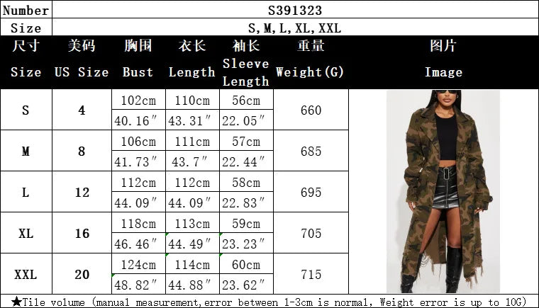 Camouflage Ripped Trench Jacket Long Coats Hole Windbreaker Sashes Single Breasted 2025 Women Streetwear Jackets Outerwear
