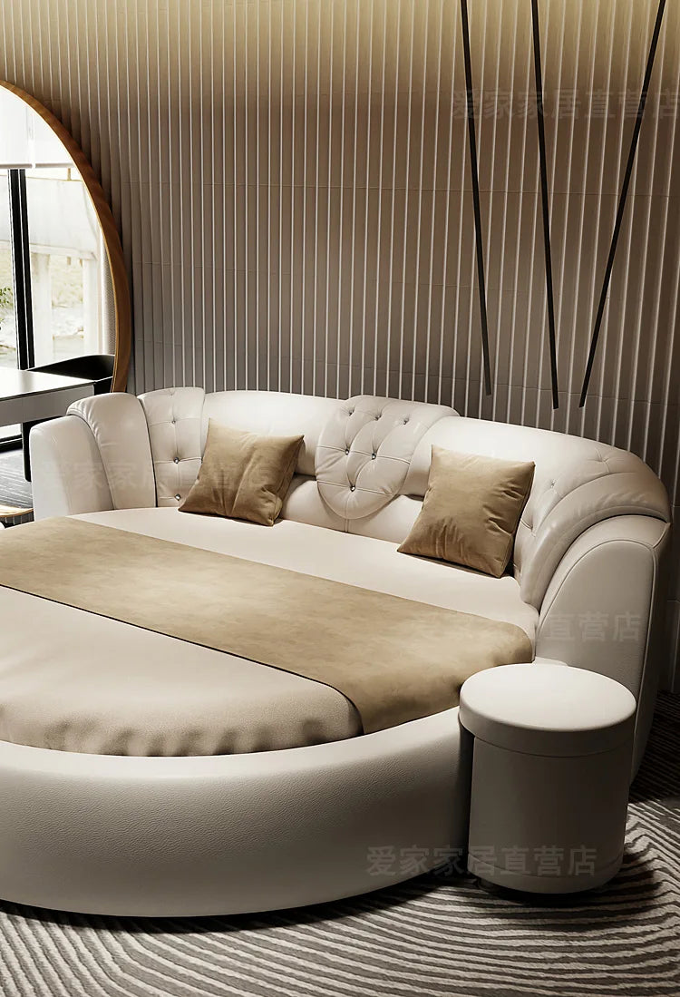 European Style Round Bed Luxury Leather Surface — Ivory White | KIMLUD