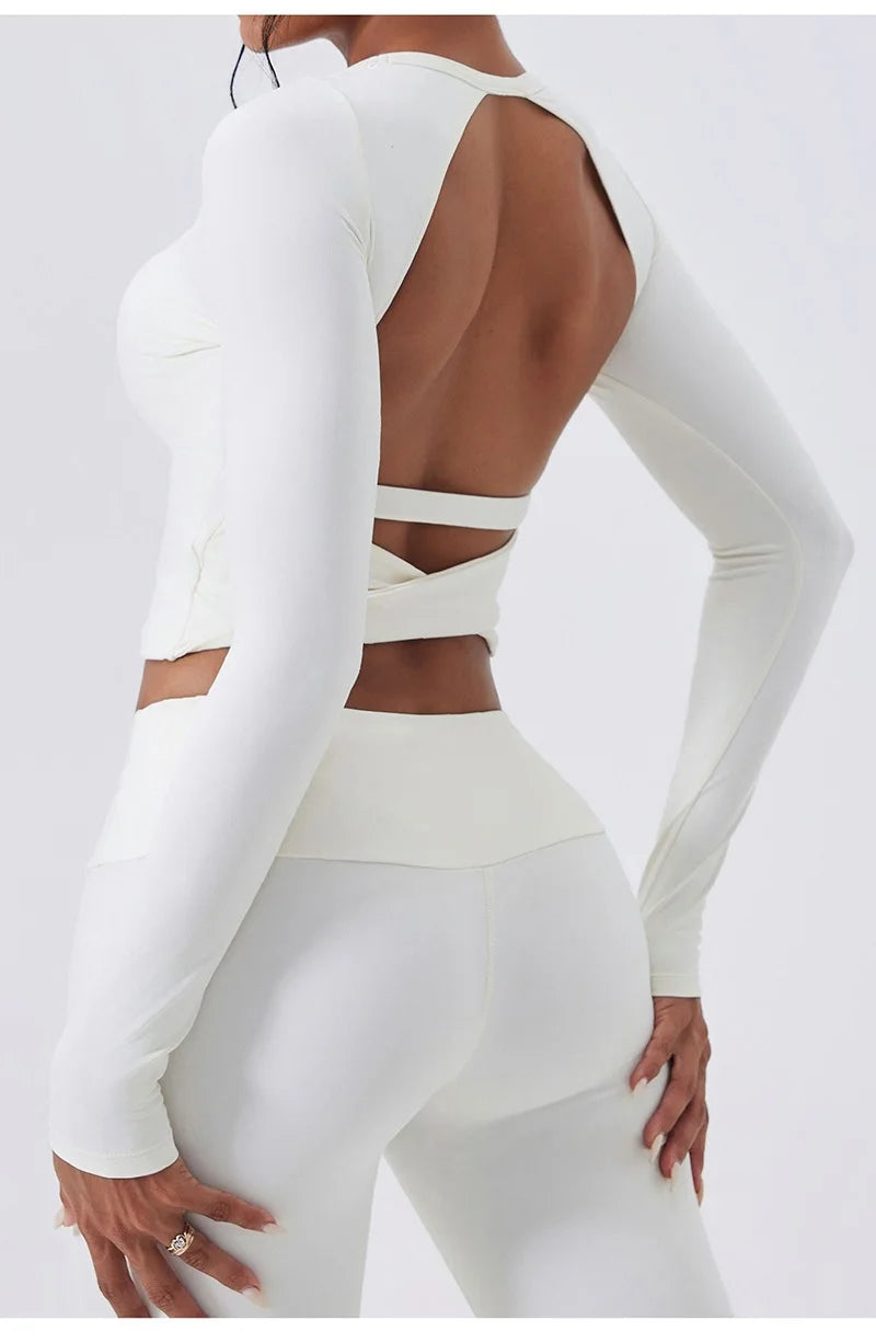 Cloud Hide Yoga Shirt Sexy Back Long Sleeve — Gray | KIMLUD