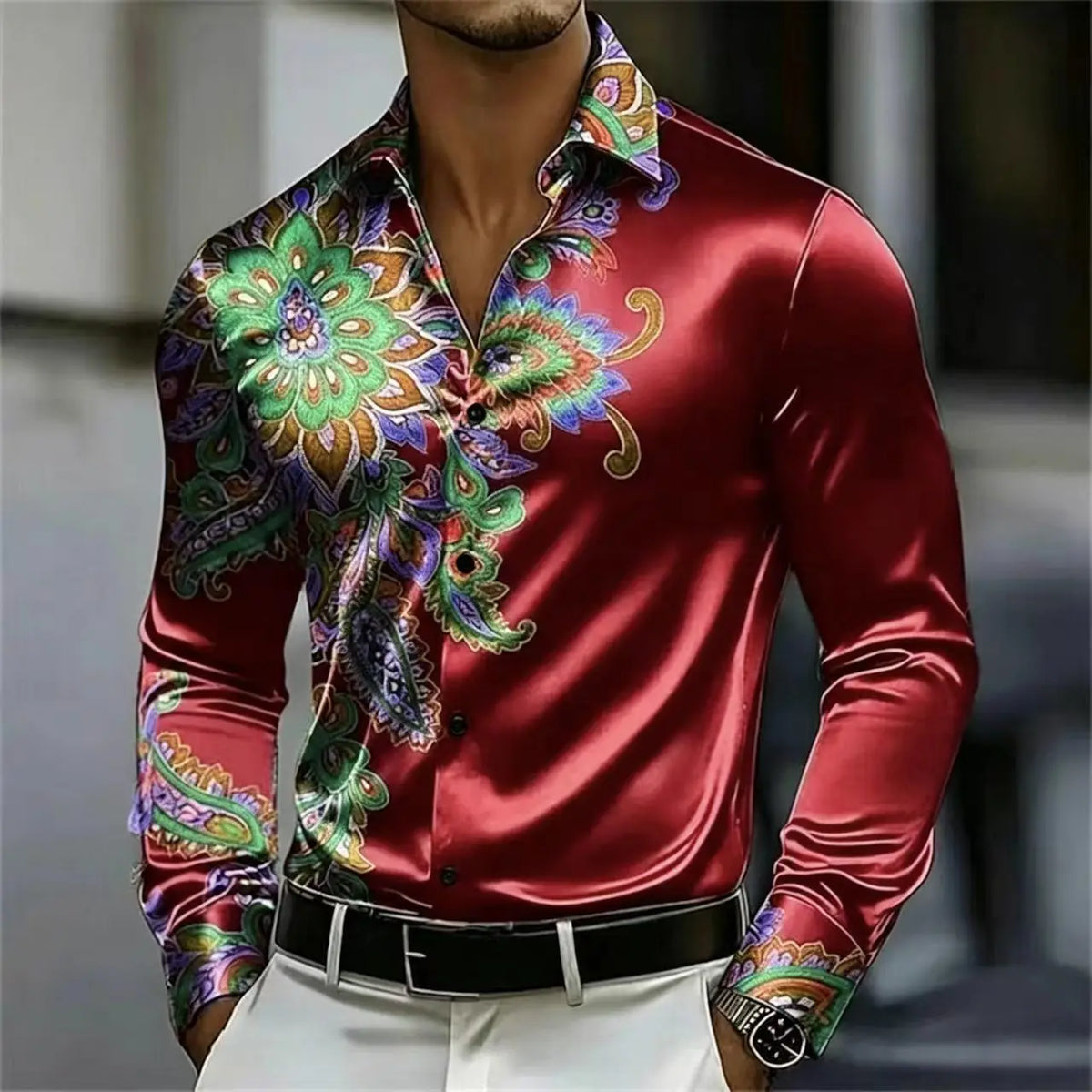 Men's Satin Paisley Print Shirt – Silk Polyester | KIMLUD