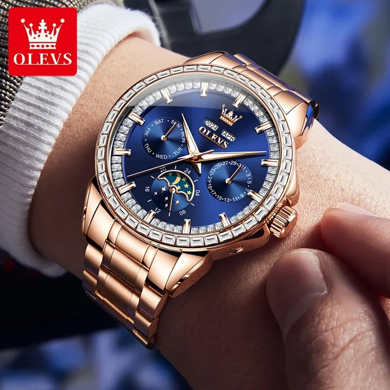 OLEVS 6695 NEW Men's Watches Full Multifunctional Dial Blue Leather Strap Calendar Week Moon Phase Waterproof Wristwatch