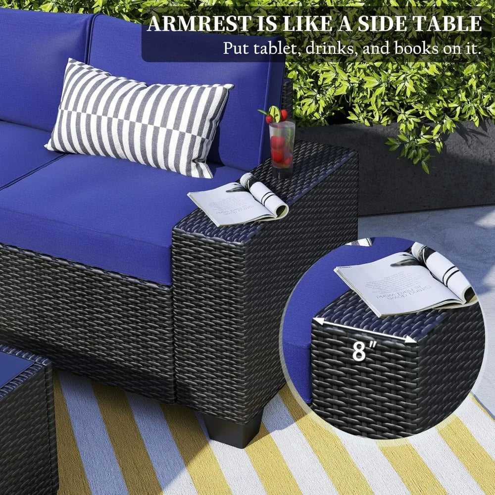 Wicker Patio Set 6-Piece With Wide Armrests — Navy | KIMLUD